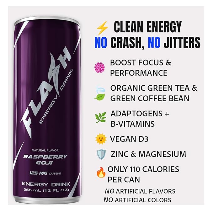 Flash Energy Drink | Elevate your Energy Focus and Performance | Natural | Non-GMO Vegan Gluten-Free Ingredients Organic Green Tea and Green Coffee Bean with 125 mg of Caffeine Enhanced with Es