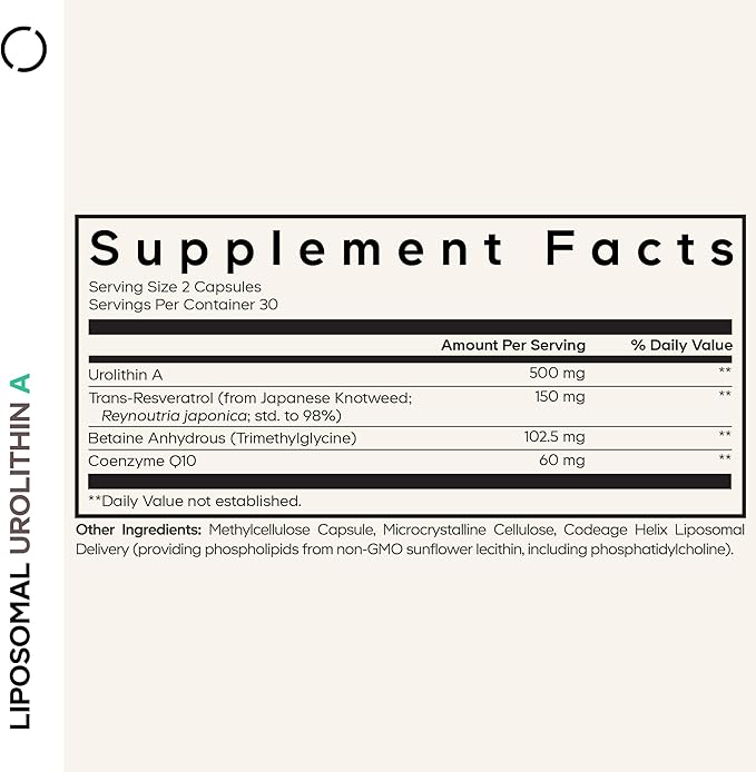 Codeage Liposomal Urolithin A Supplement 500mg Per Serving + Resveratrol Betaine CoQ10 Ellagitannins - A New Frontier Beyond NADH NMN NAD NR and PQQ Vitamins - Bioavailable - 60 Capsules