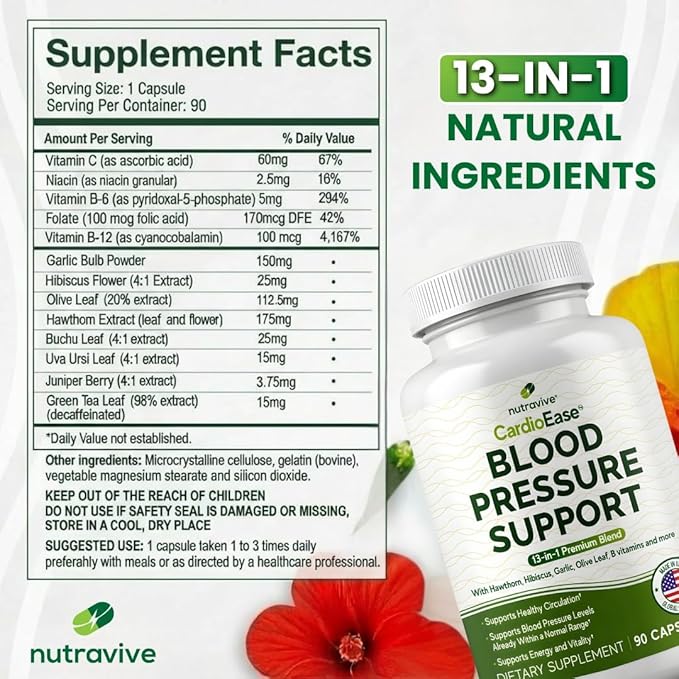 Nutravive 13-in-1 Heart Health Supplement – Supports Healthy Circulation &amp Blood Pressure Levels – with Hawthorn Garlic Olive Leaf Hibiscus B12 Juniper Green Tea and More |GMP|90 Capsules|