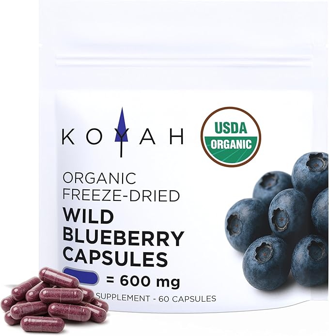 KOYAH - Organic Wild Blueberry Capsules – We Strive to Make the Least Processed Capsules on Earth. Freeze-Dried Whole Fruit – Lowbush Variety (Vaccinium angustifolium) - 600 mg - 60 Capsules