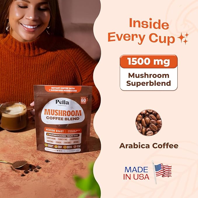 Pella Nutrition Mushroom Coffee – Lions Mane Reishi Chaga Cordyceps Shiitake Maitake and Turkey Tail Mushroom Supplement – Superfood Instant Coffee for Focus &amp Energy (Regular Caffeine 60 C