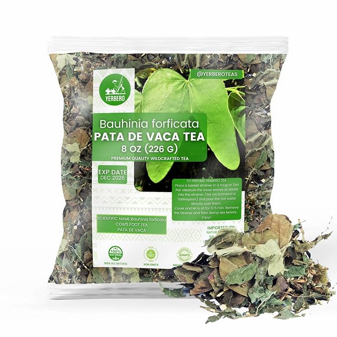 Yerbero - Te Herbal Pata De Vaca Bulk Sizes 8 oz (225gr) Herbal Tea (Cow's Foot Leaves - Bauhinia Forficata) Stand Up Resealable Bag Crafted By Nature100% All Natural Fresh Tea Tea non-GMO Gluten-Fr