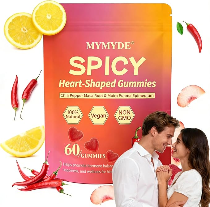 Spicy Square Gummy Heart-Shaped Intimacy Gummies with Muira Puama Chili Pepper Maca&amp Epimedium for Promote Hormone Balance Vegan Peach Flavor (60 Gummies)
