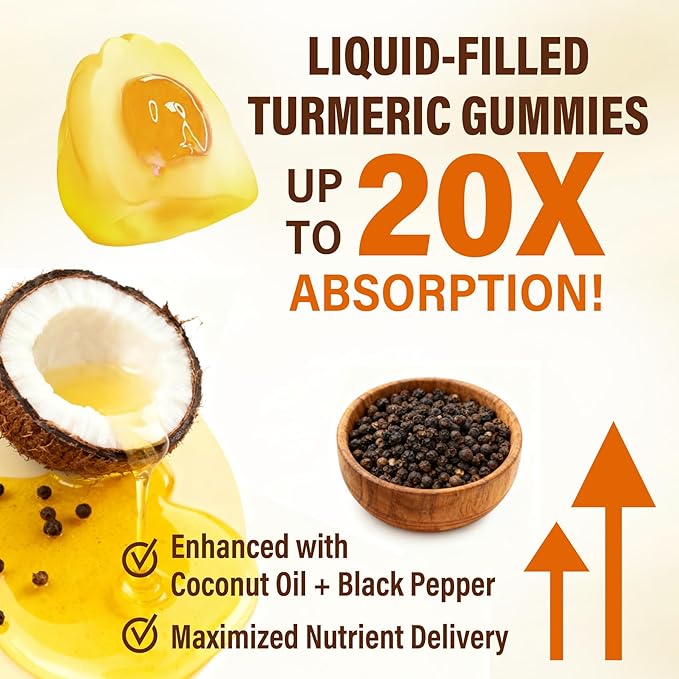 Sugar Free Turmeric Curcumin Filled Gummies 550mg for Adults Ginger &amp Black Pepper | 95% Curcuminoids w/Prebiotic Probiotic &amp Postbiotic Blend Support Immune &amp Digestive Health Vegan