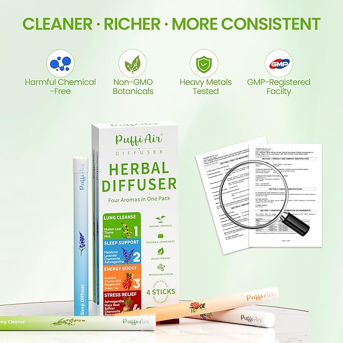 Herbal Diffuser Quartet Lung Sleep Energy &amp Relax Diffuser with Extract of Mullein Melatonin Natural Caffeine and Chamomile 100% Natural Swap Complete Wellness Quartet 600 Uses Each