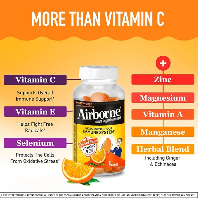 Airborne 750mg Vitamin C Immune Support Supplement Gummies for Adults Zesty Orange Flavor Gluten Free Crafted Blend with Powerful Antioxidants Vitamins A C &amp E 63 Gummies (4 Pack)
