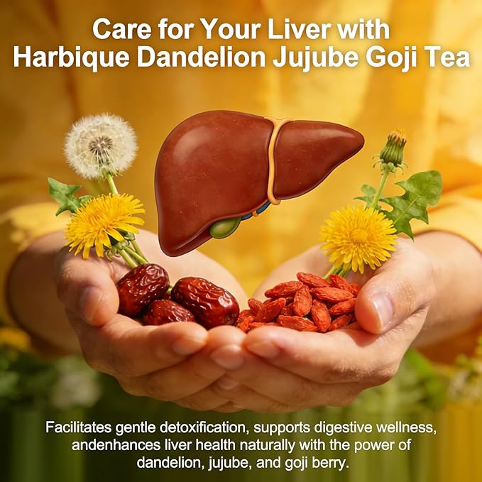 Harbique Dandelion Root Tea with Goji Berry &amp Jujube Dates Liver Cleanse &amp Detox Support Caffeine Free Herbal Tea for Immune Support &amp Gentle Energy 30 Pyramid Tea Bags