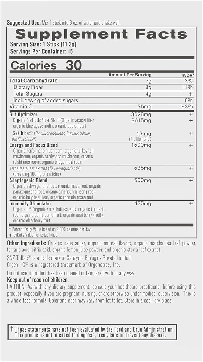 Organixx Clean Sourced Yerba Complex Yerba Mate Superblend Powder Drink Mix with Ashwagandha Natural Caffeine Pre &amp Probiotics &amp Fiber Dairy and Gluten Free Matcha Lemonade 15 Travel Pa