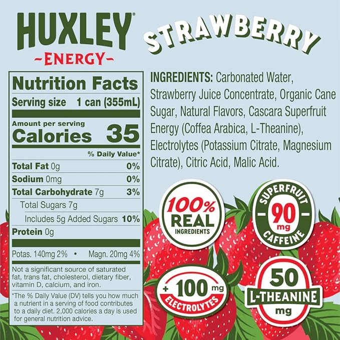 Huxley Superfruit Energy Drink Variety Pack 90mg Natural Caffeine Electrolytes for Hydration 100% Real Ingredients 5g Organic Cane Sugar No Artificial Sweeteners or Flavors L-theanine for Susta