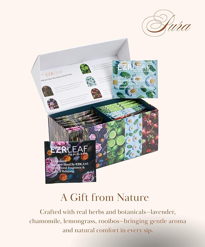 Decaf Herbal Tea Sampler – EZR Leaf 22ct Caffeine-Free Pyramid Bags Assorted Fruit &amp Floral Blends with Lemon Verbena Chamomile Mint Dreamland Roselle – Variety Tea Assotment Gift Set for Tea