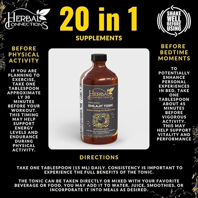 Organic Shilajit Tonic 16 oz | 32 Servings | 20-Herb Adaptogen Blend w/Ashwagandha Maca Spirulina &amp Turmeric | Liquid Energy Hormone Balance &amp Detox Support | Vegan Non-GMO