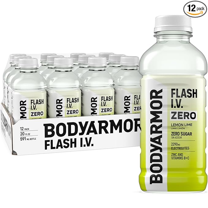 BODYARMOR Flash I.V. Zero Sugar Electrolyte Beverage Lemon Lime Hydration Drink For Rapid Rehydration Post Workout Recovery 20 Fl Oz (Pack of 12)
