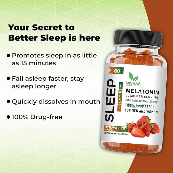 Mishas Nutraceuticals Melatonin Sleep Support Gummies for Adults 10 mg Melatonin Supplement 60 Strawberry Flavor Gummies Provides Up to 30 Days of Restful Sleep