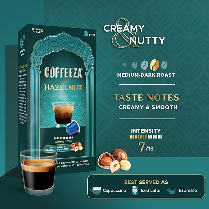 Coffeeza Espresso Coffee Pods Hazelnut Compatible with Nespresso Original Line Espresso Machines Medium Roast Intensity – 7 Arabica Aluminium Coffee Capsules 3 Pack - 30 Single Serve Pods