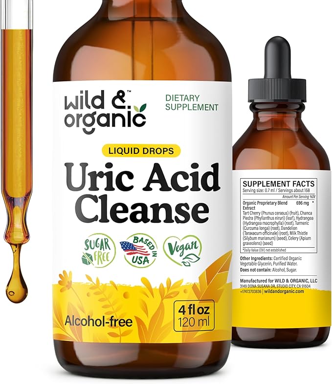Wild &amp Organic Uric Acid Cleanse Liquid Drops - Tart Cherry Turmeric Celery Chanca Piedra Dandelion Root Extract Complex - Uric Acid Supplement - Vegan Sugar &amp Alcohol-Free Tincture - 4 f