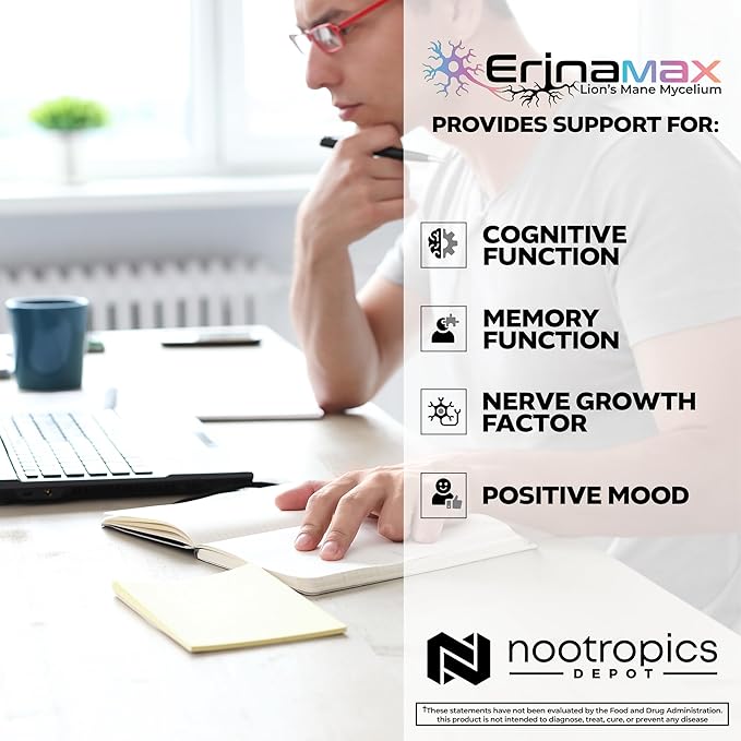 Nootropics Depot Erinamax Lion's Mane 500mg Capsules | Liquid Culture Mycelium | 2.5mg Erinacine A | Mood Cognition &amp Nerve Support | 120 Count