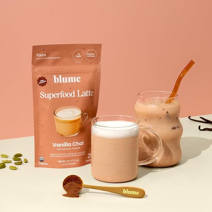 Blume Superfoods Latte - Vanilla Chai Blend with Black Tea Cardamon Cinnamon Low-Caffeine Low-Sugar Organic Keto Friendly Vegan Mushroom Blend- 25 Servings
