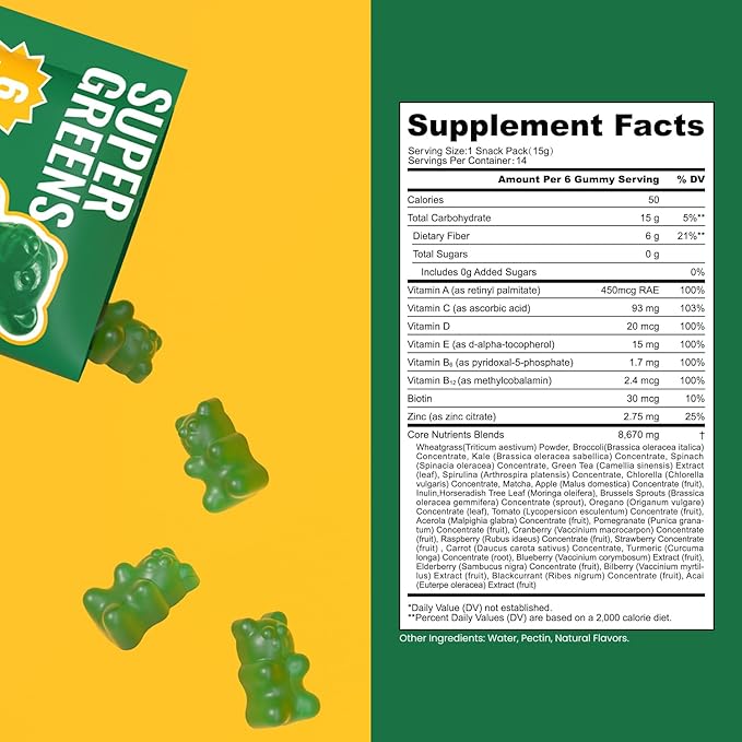 NEWELLME Super Greens Gummies Delicious Daily Greens Multivitamin Gummy Bears with Superfoods Fiber &amp Probiotics for Gut Health Energy &amp Immune Support Sugar Free 28 Grab-and-Go Packs