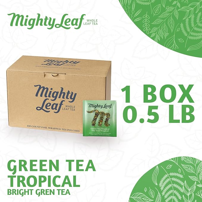 Mighty Leaf Green Tea Tropical – 100 Count Whole Leaf Green Tea Bags – Pyramid Sachets with Pineapple Tropical Fruit &amp Floral Flavors – Antioxidant-Rich Lightly Caffeinated
