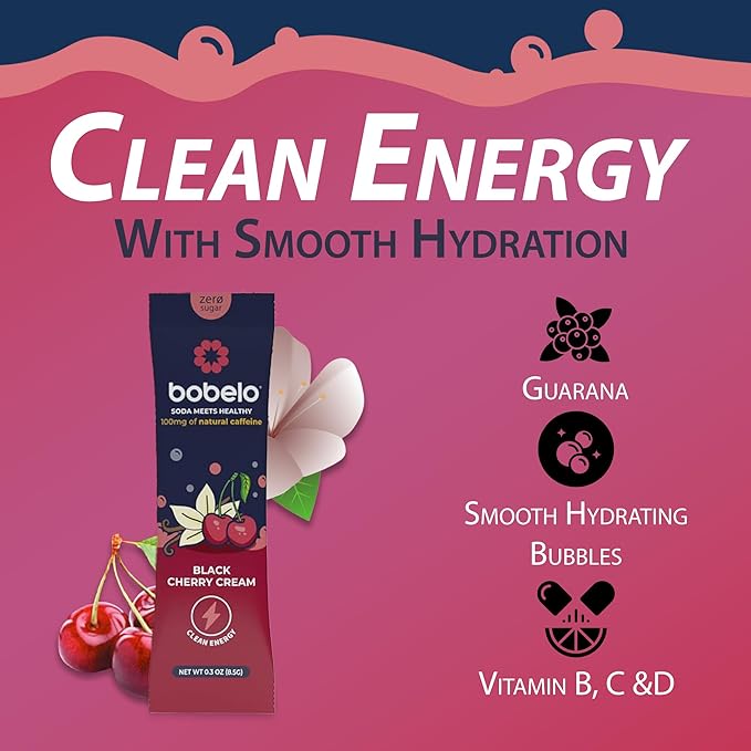 Bobelo Black Cherry Cream Energy Drink Powder Sugar Free Electrolytes with Guarana Caffeine 15 Count