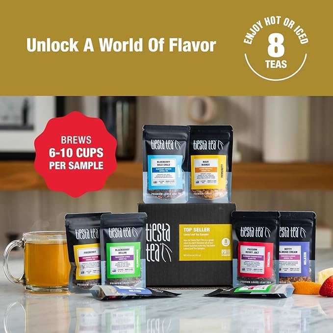 Tiesta Tea - Favorites Starter Sampler Dry Flight Set Loose Leaf High to No Caffeine Makes Hot &amp Iced Assorted Tea Sets with Herbal Black Fruit Blends &amp More 8 Resealable Sample Pouches