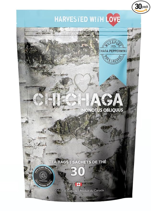 Premium 100% Wild Harvested Chaga Mushroom &amp Peppermint Combo - 30 Tea Bags