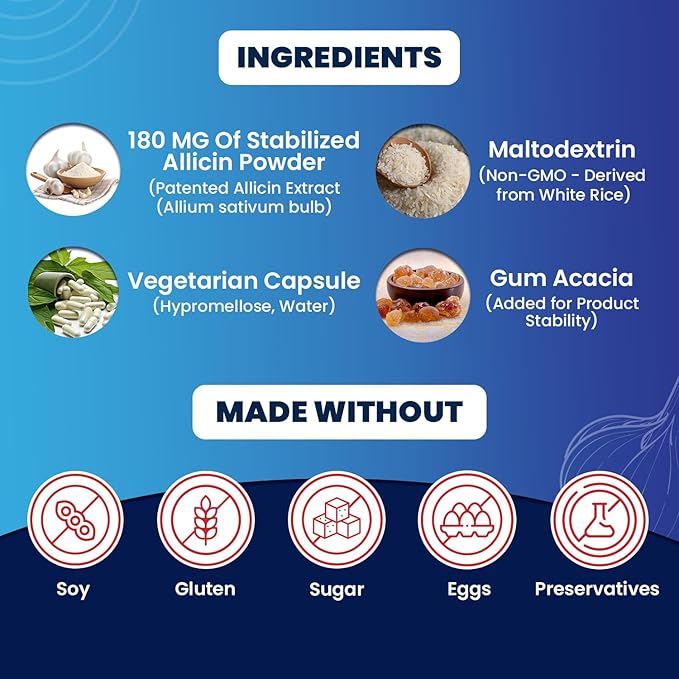 Allicin Supplement 100% Stabilized from Garlic Odor-Controlled Extract 180000mcg (180mg) Non-GMO Gluten-Free Vegan Supplement for Heart Health and Immune Support (30 Count)