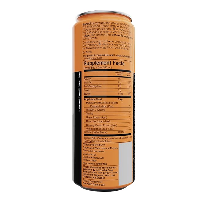 Beyond Energy - 12 Pack - Blood Orange Herbal Energy Drink Naturally Sourced L-Dopa with Mucuna Pruriens Aminos Antioxidants 200mg Caffeine - (Blood Orange)