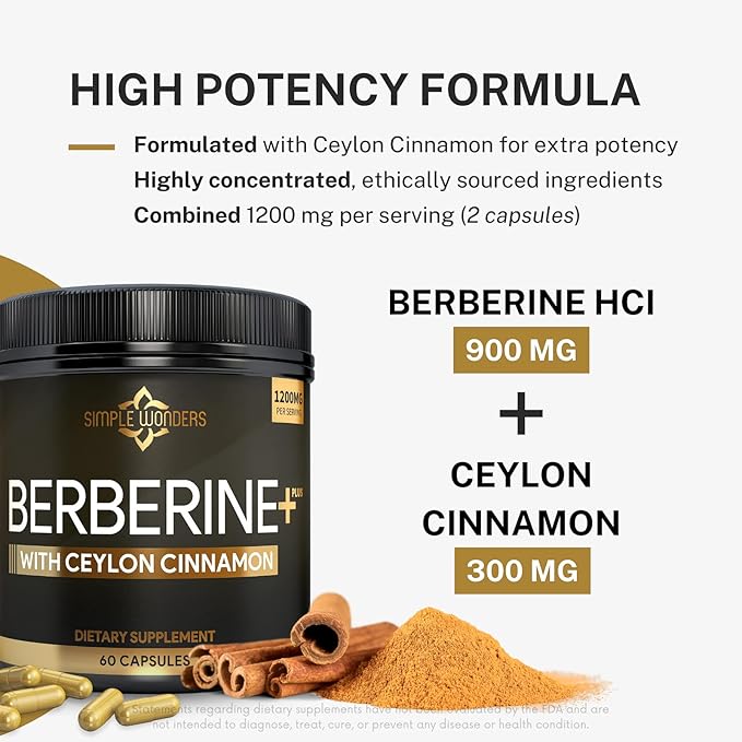 Berberine 1200mg HCL Plus Ceylon Cinnamon Capsules - Metabolic &amp Immune Support Berberine Supplement AMPK Metabolic Activator Complex Cardiovascular Support - Berberine HCL 1200 mg Capsules