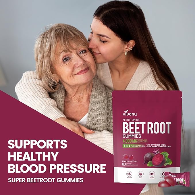 VivoNu Beet Root Gummies 8-in-1 Premium Energy Supplement with CoQ10 Beetroot Extract Grape Seed Extract Black Pepper Extract Vitamins C &amp B12 L-Arginine &amp L-Citrulline