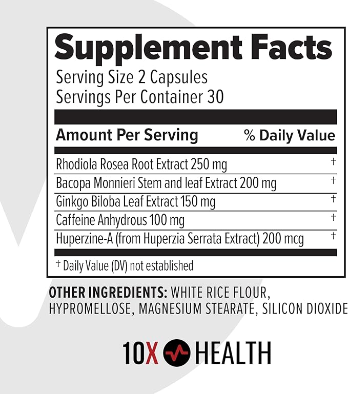 10X Health Focus Rhodiola Rosea - Brain Supplements for Memory and Focus - 60 Capsules Focus Supplement Memory Supplement for Brain Health with Ginkgo Biloba Huperzine A - Ginkgo Biloba Capsules
