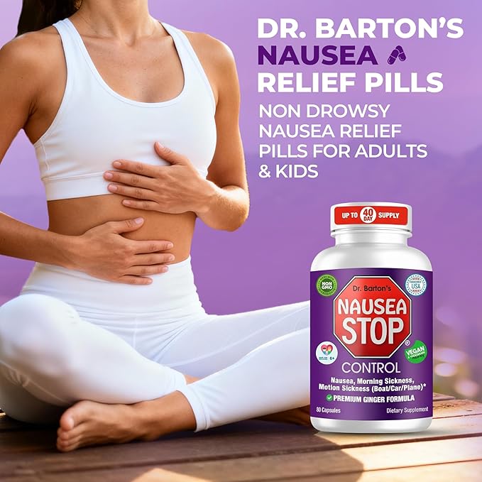 Dr. Barton’s Nausea Stop - Natural Ginger Non-Drowsy Nausea Relief Pills for Adults &amp Kids Anti Nausea Upset Stomach Morning Sickness &amp Pregnancy Nausea - Travel Essentials - 80 Capsules (