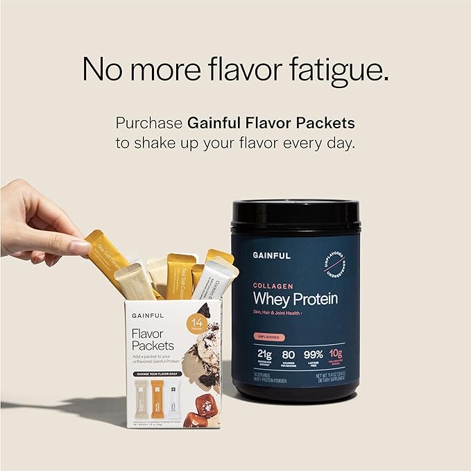 Gainful Collagen Whey Protein Powder 21g Protein per Serving Unflavored Supports Muscle Recovery Joint Health and Skin Hydration with Grass-Fed Collagen Peptides Vitamin C 14 Servings