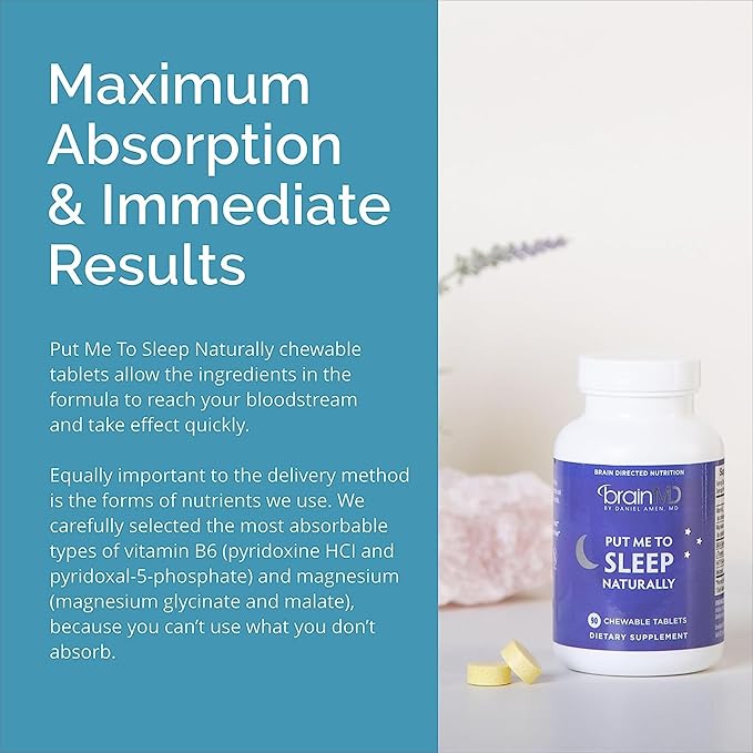 BRAINMD Dr Amen Put Me To Sleep Naturally - 90 Chewable Tablets Pack of 2 - With Melatonin L-Theanine Magnesium GABA Vitamin B6 &amp 5-HTP - Gluten Free - 90 Total Servings