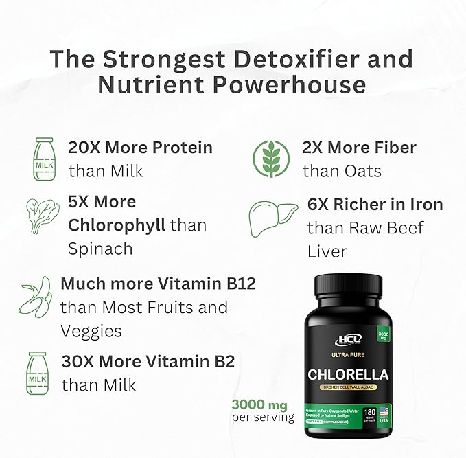 Chlorella Capsules 3000 mg - Cracked Cell Wall Blue Green Algae Supplement - Best Natural Detox Cleanse - Plant Vitamins Minerals Chlorophyll Vegan Protein Powder Pills - Made in USA
