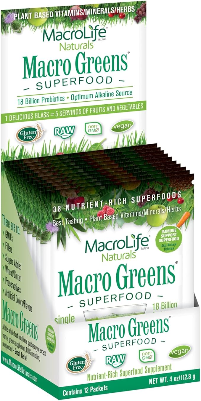MacroLife Macro Greens Powder 38 Superfood Probiotics Antioxidants Digestive Enzymes &amp Adaptogen Supplement - Daily Super Green Juice &amp Smoothie Mix Packets - Non-GMO Vegan Gluten-Free - 12 Se