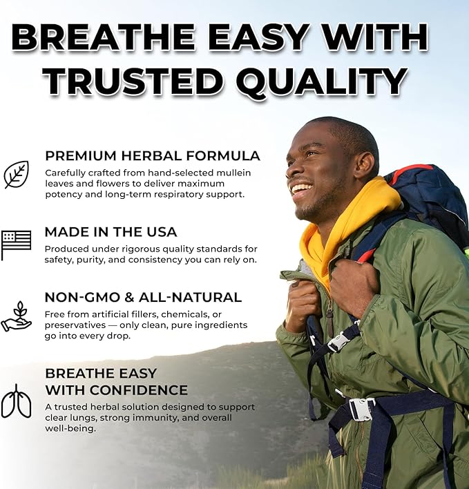 Inhale Mullein Drops – USDA Organic Mullein Leaf Extract for Lung &amp Bronchial Cleanse | Mucus Relief &amp Respiratory Support | for Smokers &amp Allergy Sufferers | Made in USA | 4oz Tincture
