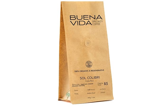 Buena Vida Speacialty Coffee - Sol Colibrí Ground Honey - Costa Rican Regenerative Coffee (12 oz)