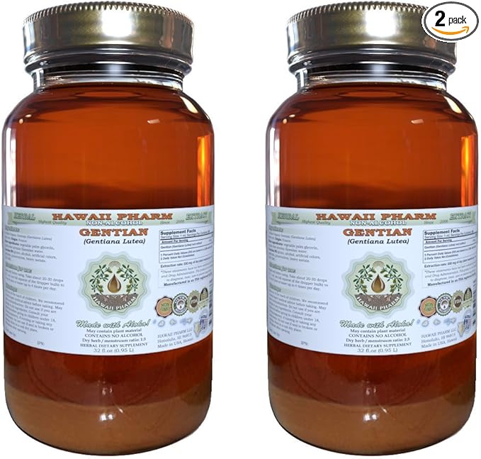 Hawaii Pharm Gentian Alcohol-Free Liquid Extract Gentian (Gentiana Lutea) Dried Root Glycerite Natural Herbal Supplement 2x32 oz Unfiltered