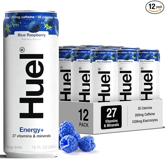 Huel Energy+ | Blue Raspberry Energy Drink | Refreshing Plant-Based Drink with Real Fruit | 200mg of Caffeine and 27 Vitamins &amp Minerals | 35 Calories per 12 FL Oz 12 Pack
