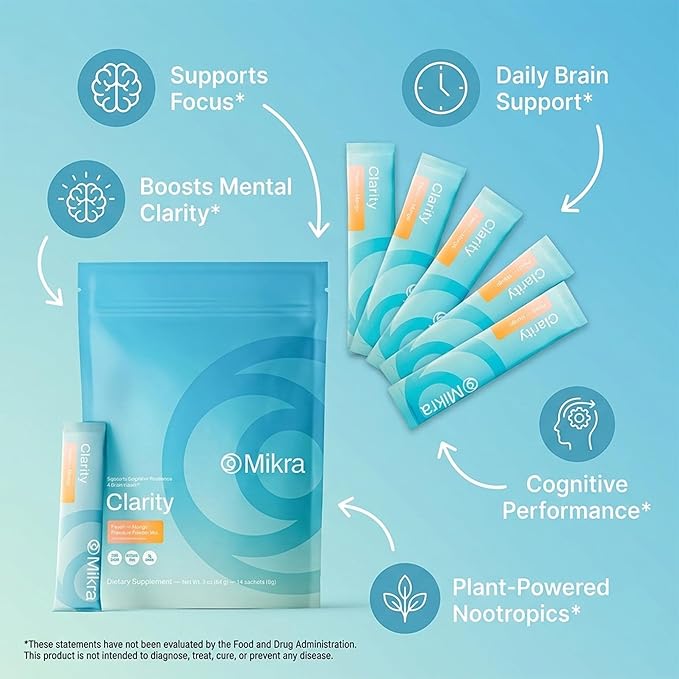 Mikra Clarity Nootropic Focus Drink Mix - Daily Cognitive &amp Calm Support Formula with Citicoline Lion’s Mane &amp L-Theanine - Calm Drink Mix &amp Focus Aid for Energy and Clarity - 14 Single-S
