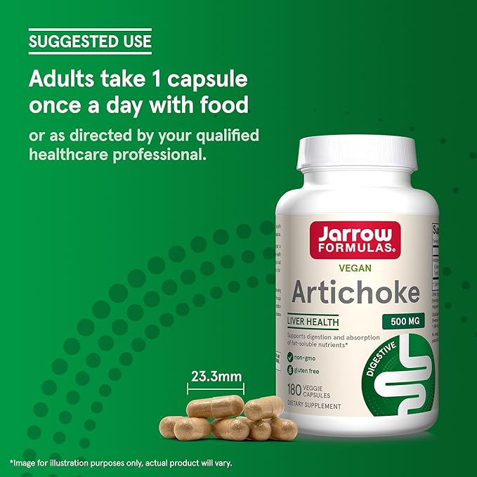 Jarrow Formulas Artichoke 500 mg - Standardized Artichoke Extract - 180 Servings (Veggie Caps) Support Liver Health &amp Digestion - Dietary Supplement - Non-GMO - Gluten Free - Vegan