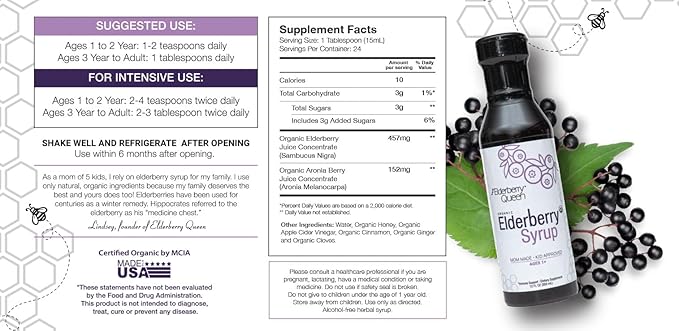 Elderberry Queen Organic Elderberry Syrup 12 Fl Oz - Immune Support Formula with Sambucus Black Elderberry &amp Aronia Berry - Pure Natural Certified Organic Elderberry Syrup for Kids and Adults