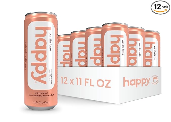 happy coffee canned vanilla latte 11 oz. cans 12 pack notes of marshmallow &amp comfort 100% arabica beans no artificial flavors or sweeteners