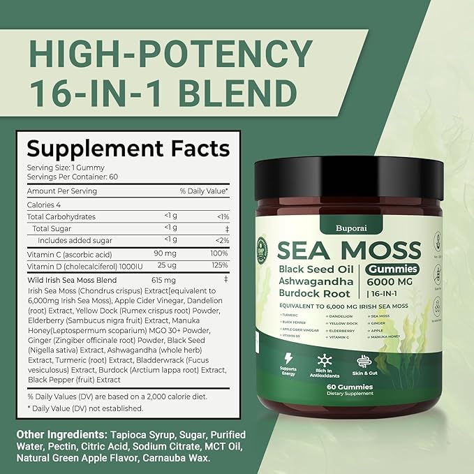 Sea Moss Gummies 16-1 Black Seed Oil Ashwagandha Turmeric Bladder Wrack Vitamin C Vitamin D3 Elderberry Manuka Dandelion Yellow Dock Apple Cider Vinegar for Men &amp Women