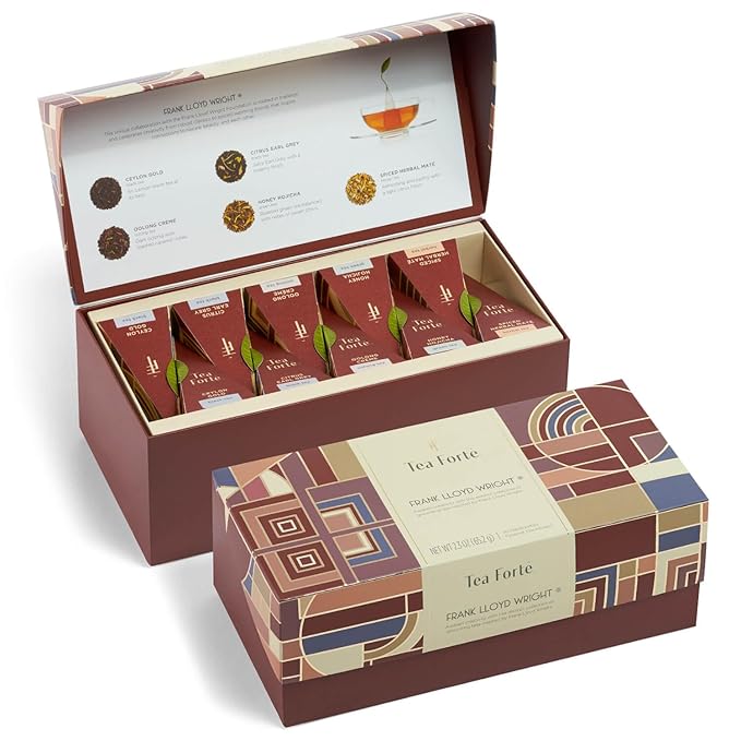 Tea Forte Premium Presentation Box Gift Set Sampler 20 Count Assorted Blends Individually Wrapped Handcrafted Pyramid Infuser Bags Frank Lloyd Wright