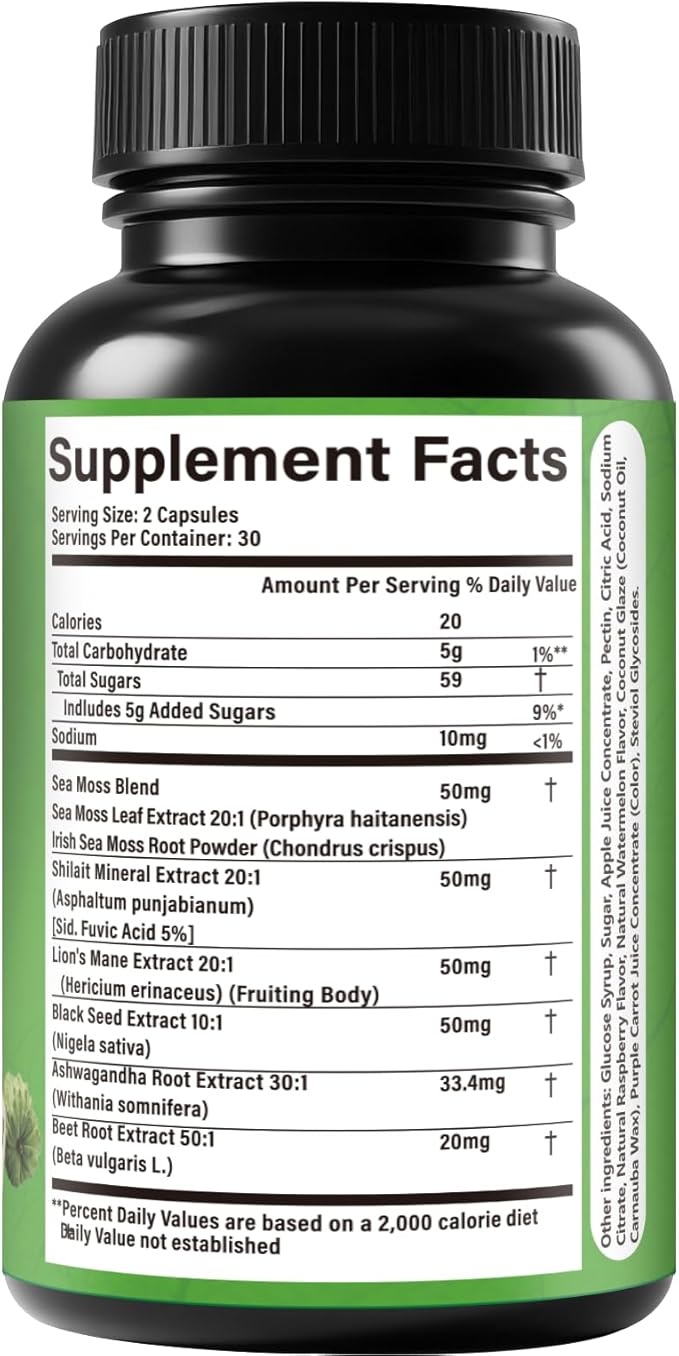 Soursop Capsules with 24-in-1 Herbal Blend - Includes Graviola Shilajit Sea Moss Lions Mane Turmeric Ashwagandha Ginger Manuka Honey - Vegan Non-GMO Dietary Supplement - 60 Capsules (01)