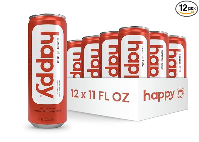 happy coffee canned caramel latte 11 oz. cans 12 pack notes of marshmallow &amp comfort 100% arabica beans no artificial flavors or sweeteners