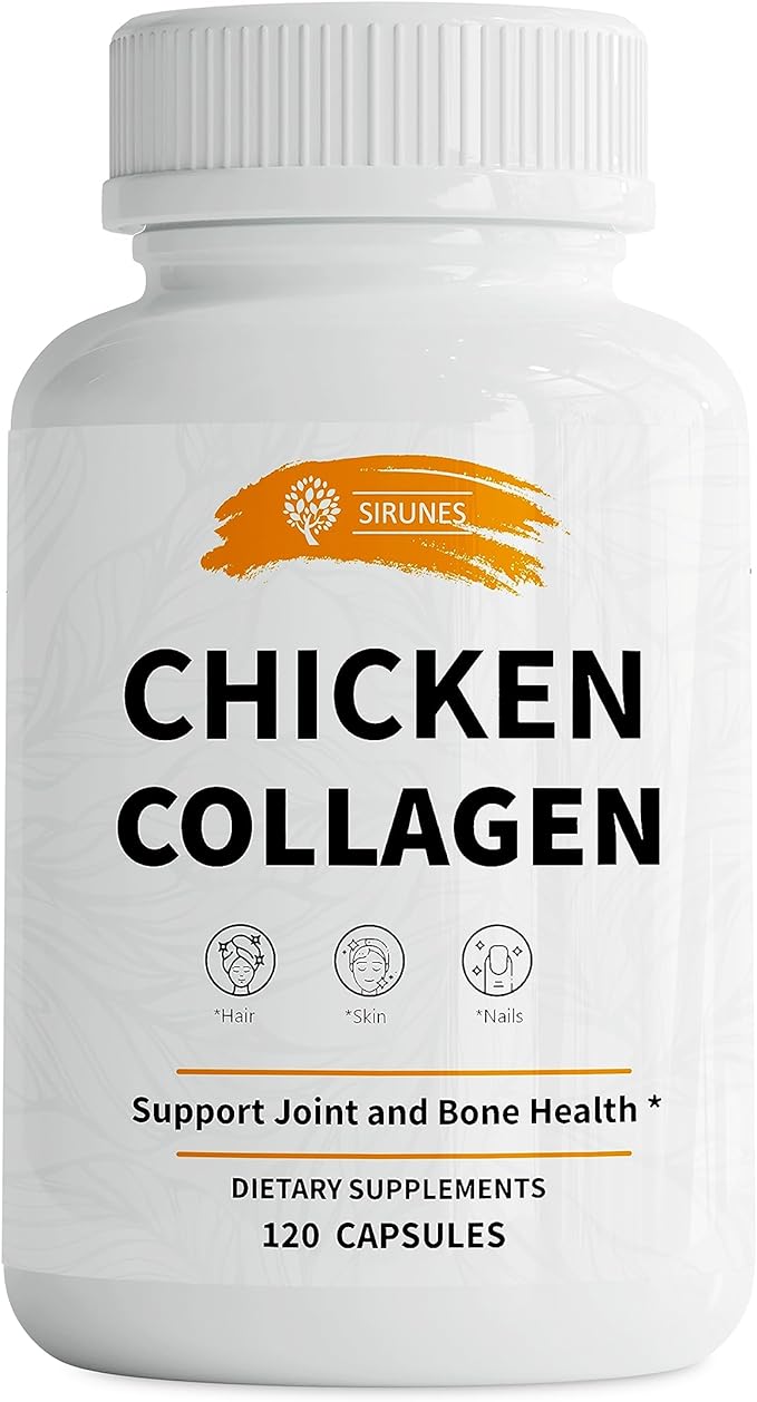 SIRUNES Chicken Collagen Capsules - Type II Collagen Nutritional Supplement for Joint Skin &amp Bone Support - Non-GMO Anti-Aging Dietary Supplements with Hydrolyzed Collagen Peptides - 120 Capsule