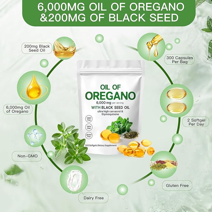 Oil of Oregano with Black Seed Oil2-in-1 Oregano Oil Capsules Organic6000mg Per Serving300 Softgels4X Strength Carvacrol &amp ThymoquinoneNon-GMOGluten Free &amp Immune Support